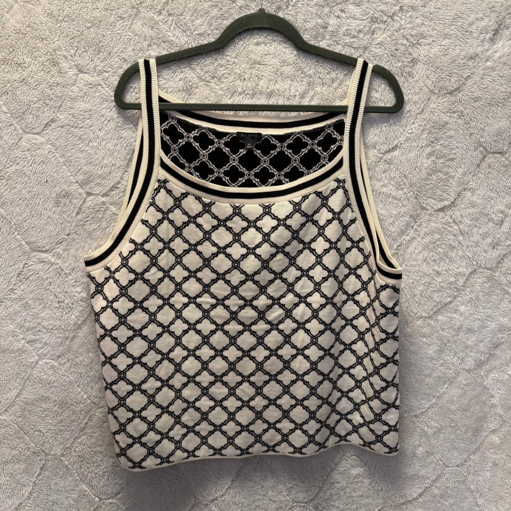 Talbots Quiet Luxury Geometric Knit Tank Top Black White Preppy Old Money sz 2X